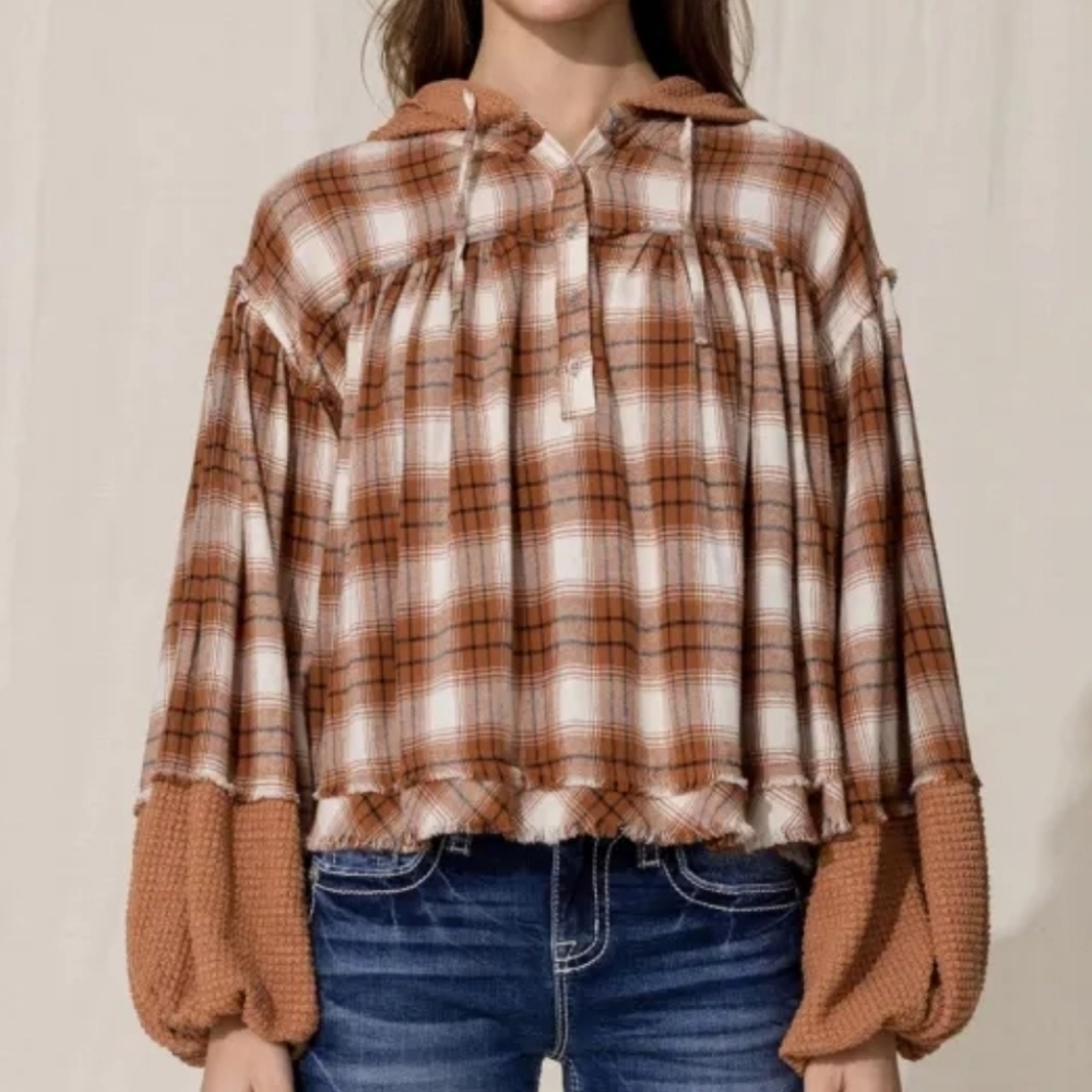 MISS ME Orange Multi Plaid Hoodie MT2476L Women's Size Medium New